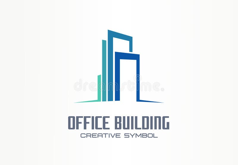 Concetto creativo di simbolo dell'edificio per uffici Centro di finanza, città della città, logo astratto di affari dell'orizzont illustrazione vettoriale Concetto creativo di simbolo dell'edificio per uffici Centro di finanza, città della città, logo astratto di affari dell'orizzont illustrazione vettoriale