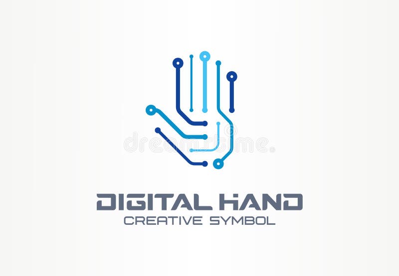 Concetto creativo di simbolo della mano di Digital Braccio del robot, tecnologia futuristica, logo astratto di affari di sicurezz illustrazione di stock