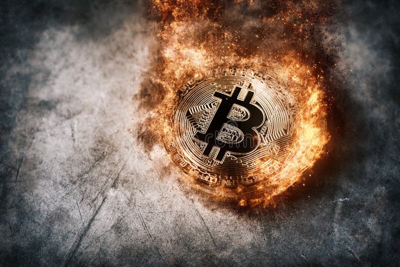 Concetto cripto del fondo di valuta della moneta dorata bruciante del bitcoin fotografia stock