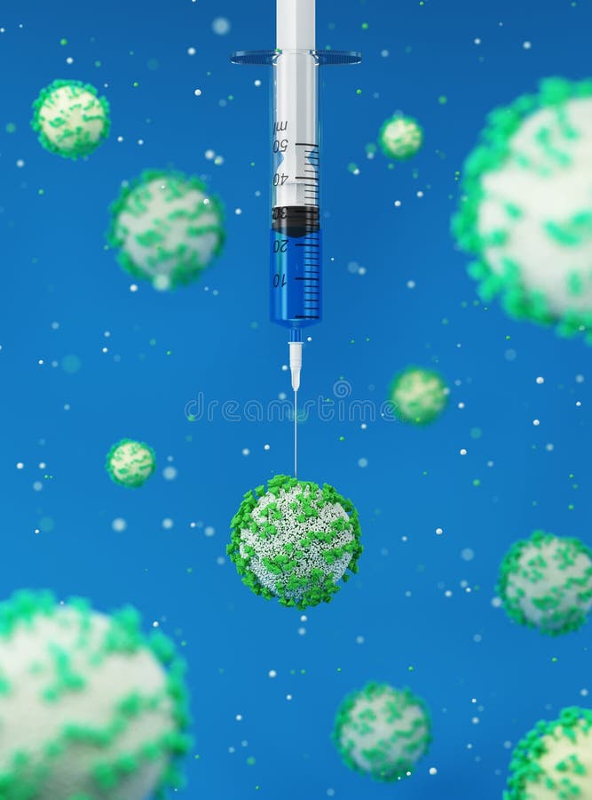Concetto 3D. una siringa con vaccino contro la coronavirus iniettato in una molecola di coronavirus. illustrazione medica con siri illustrazione di stock