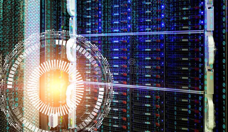 Concetto del centro dati di memoria a dischi con tecnologia dell'informazione e base di dati sull'ologramma tecnologico del fondo immagine stock libera da diritti