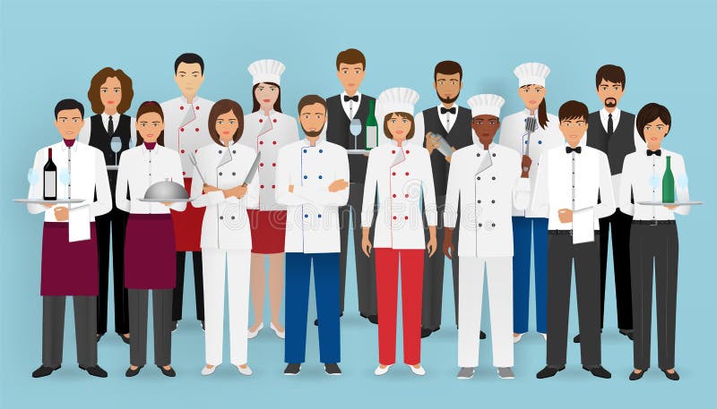 Concetto del gruppo del ristorante in uniforme Gruppo di caratteri di servizio di approvvigionamento: cuoco unico, cuoco, camerie illustrazione vettoriale