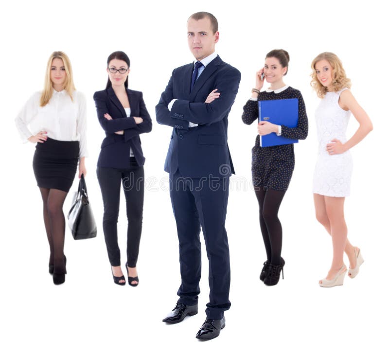 Concetto del gruppo - riuscito uomo di affari e suoi i lavoratori isolati fotografia stock Concetto del gruppo - riuscito uomo di affari e suoi i lavoratori isolati fotografia stock