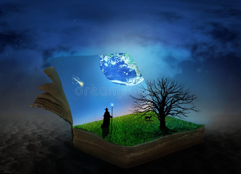 Concetto del libro magico coperto di erba e di albero