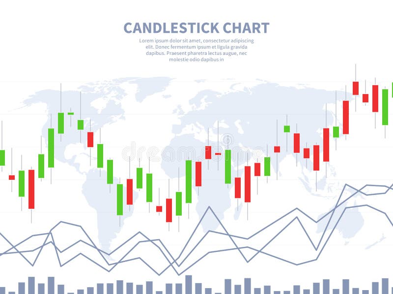 Concetto del mercato azionario Mappa di mondo del grafico del bastone della candela Vendita finanziaria globale, forex dell'estra