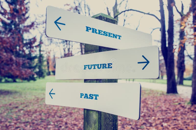 Conceptual Design of Present, Future and Past on Direction Sign Board on a Grassy Landscape with Trees at the Background. Conceptual Design of Present, Future and Past on Direction Sign Board on a Grassy Landscape with Trees at the Background.