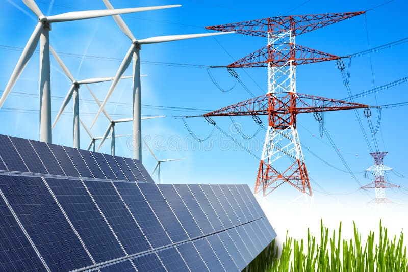 Concetto dell'energia rinnovabile con i pannelli solari ed i generatori eolici dei collegamenti di griglia