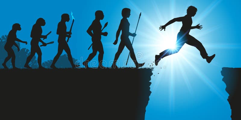 Concetto dell'evoluzione di umanità con un salto nello sconosciuto illustrazione vettoriale Concetto dell'evoluzione di umanità con un salto nello sconosciuto illustrazione vettoriale