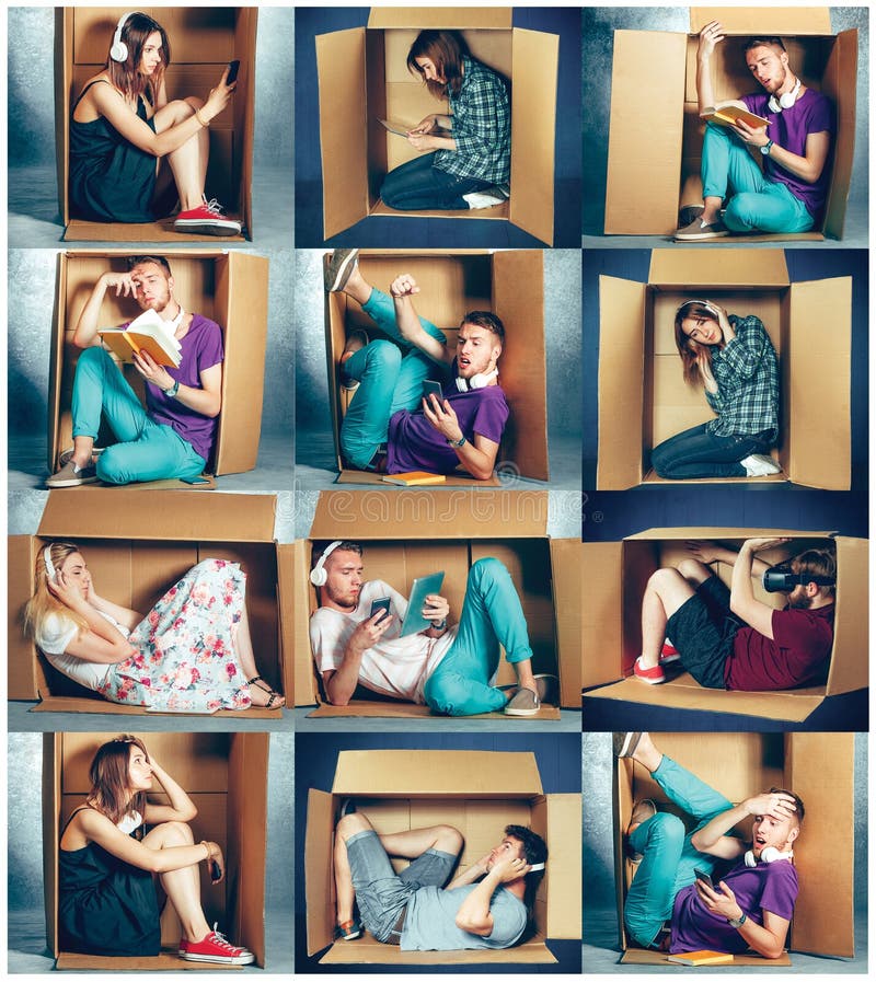 Concetto dell'introverso Collage dell'uomo e delle donne che si siedono dentro la scatola immagine stock libera da diritti Concetto dell'introverso Collage dell'uomo e delle donne che si siedono dentro la scatola immagine stock libera da diritti