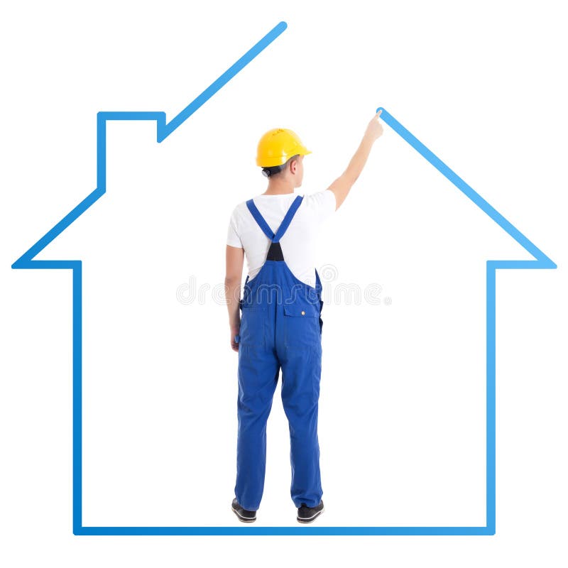 Concetto della costruzione - uomo nella casa blu del disegno dell'uniforme del costruttore fotografie stock libere da diritti Concetto della costruzione - uomo nella casa blu del disegno dell'uniforme del costruttore fotografie stock libere da diritti