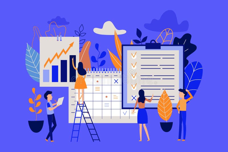 Concetto della gestione di tempo e di pianificazione con il lavoro d'organizzazione della gente trattato e la nota delle mansioni illustrazione di stock Concetto della gestione di tempo e di pianificazione con il lavoro d'organizzazione della gente trattato e la nota delle mansioni illustrazione di stock