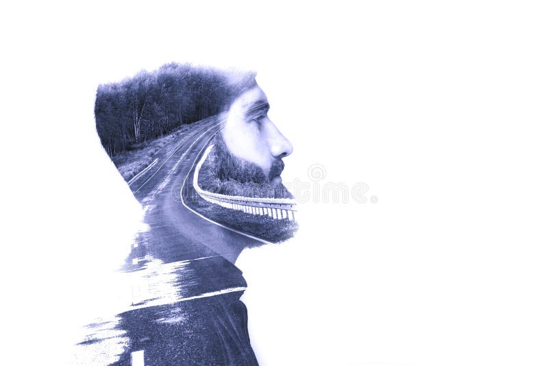 Concetto, descrivente viaggio Immagine creata facendo uso delle esposizioni multiple Ritratto in bianco e nero di un giovane e di fotografie stock Concetto, descrivente viaggio Immagine creata facendo uso delle esposizioni multiple Ritratto in bianco e nero di un giovane e di fotografie stock