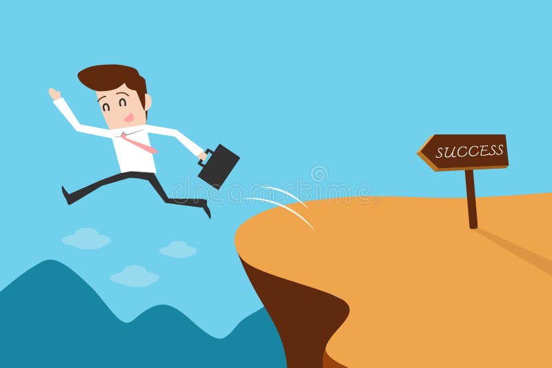 Businessman jumping over a cliff. Businessman jumping over a cliff