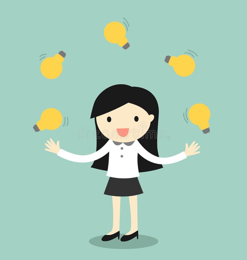 Business concept, business woman juggling many light bulbs and have fun. Vector illustrator. Business concept, business woman juggling many light bulbs and have fun. Vector illustrator.