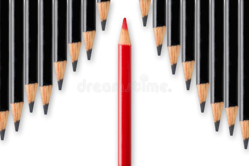 Business concept of disruption, leadership or think different; red pencil dividing row of black pencils in opposite direction; minimal concept flat lay from above on white background. Business concept of disruption, leadership or think different; red pencil dividing row of black pencils in opposite direction; minimal concept flat lay from above on white background