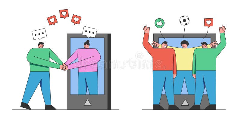 Concetto di amicizia e di appuntamenti con i social media. immagine del gruppo di adolescenti nell'app mobile illustrazione vettoriale