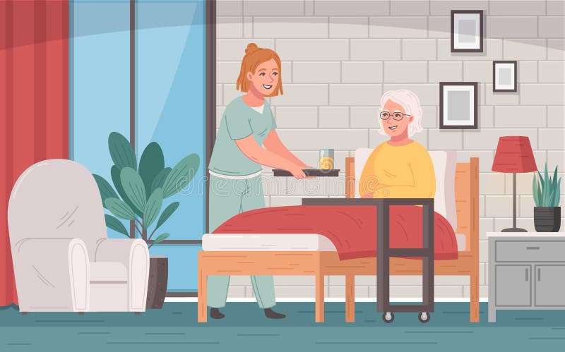 Elderly care cartoon concept with caregiver in uniform and old woman in bed vector illustraion. Elderly care cartoon concept with caregiver in uniform and old woman in bed vector illustraion