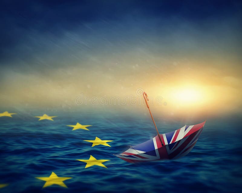 Umbrella with the flag of the United Kingdom and sea with the flag European Union.Brexit concept. Umbrella with the flag of the United Kingdom and sea with the flag European Union.Brexit concept.