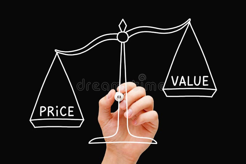 Hand drawing Price Value scale business concept with white marker isolated on black background. High price, Low value. Hand drawing Price Value scale business concept with white marker isolated on black background. High price, Low value