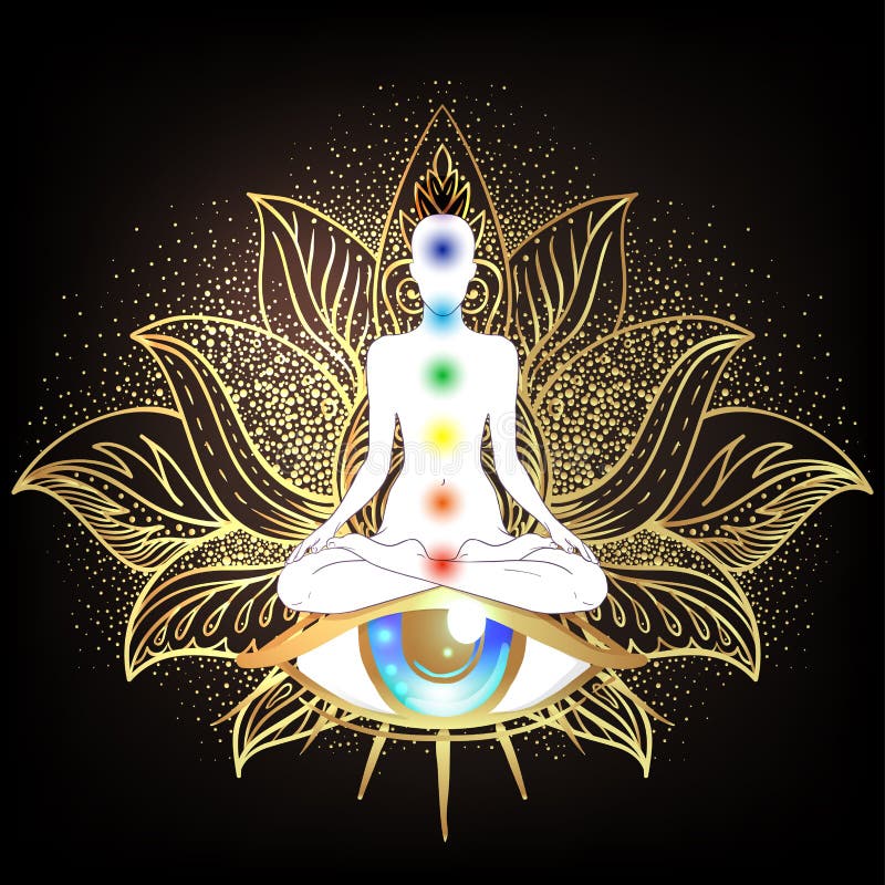Concetto di Chakra Amore interiore, luce e pace Buddha silhouette in posizione loto sull'ornate mandala Vettore