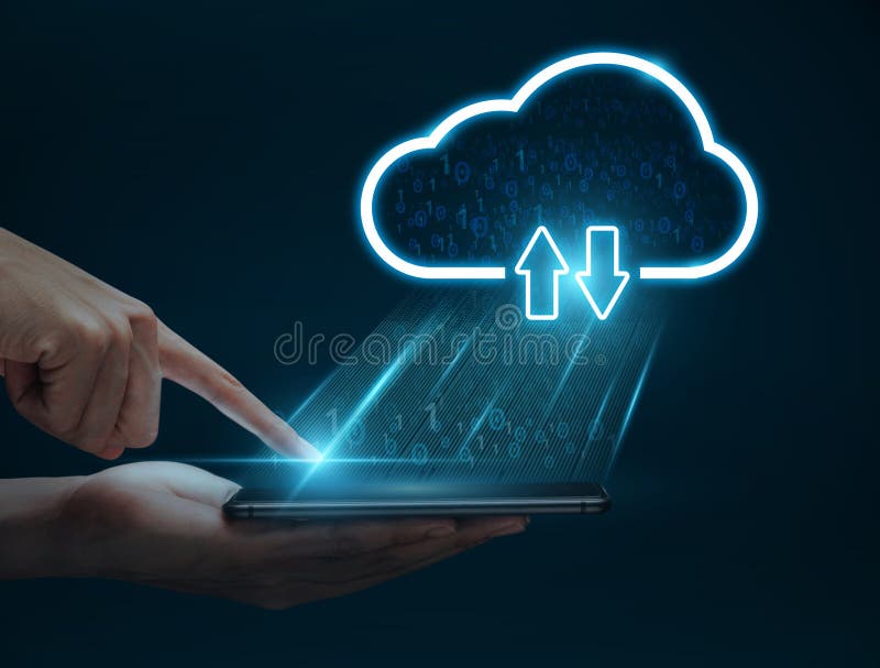 Concetto di cloud computing manuale dell'utente che utilizza la connessione smartphone al cloud per il trasferimento di dati.