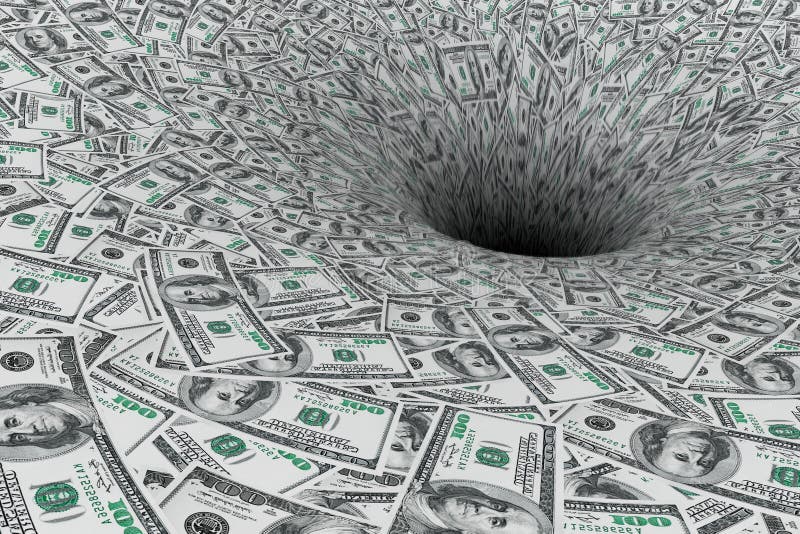 Concetto di crisi Flusso di denaro in buco nero