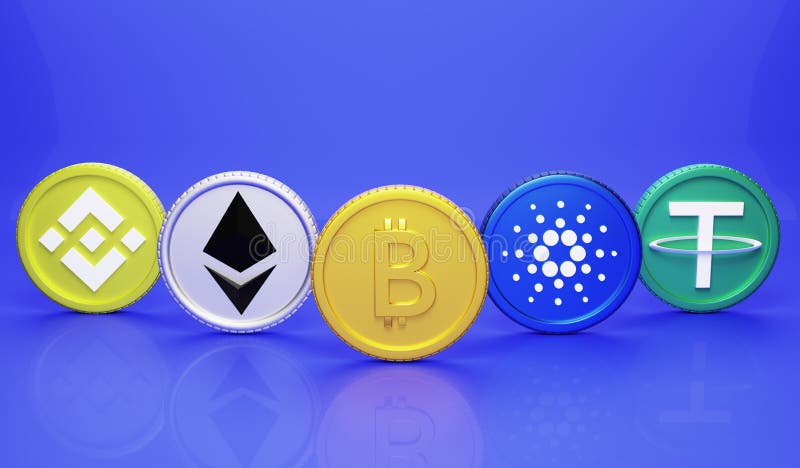 Concetto di crittografia del rendering 3d. bitcoin ezio cardano binance e tether illustrazione vettoriale