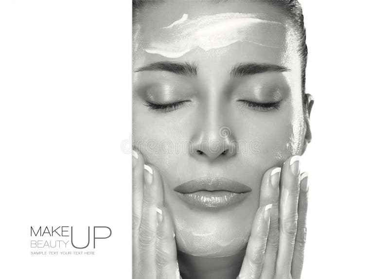 Closeup beautiful healthy young woman applying moisturizer in her clean face. Skin care concept. Spa Treatment. Template design with sample text. Closeup beautiful healthy young woman applying moisturizer in her clean face. Skin care concept. Spa Treatment. Template design with sample text