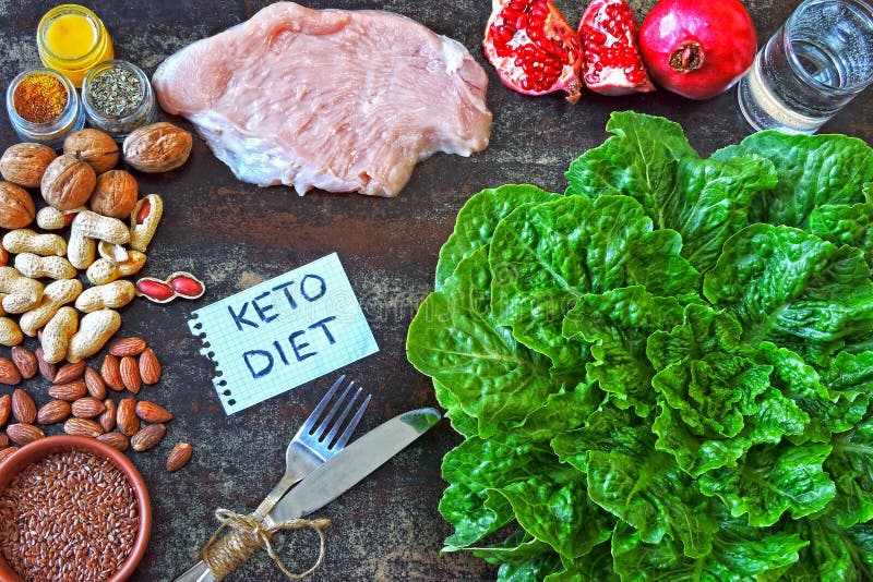 Concetto di dieta Keto Un insieme di prodotti in forma grezza con lattuga verde di Romania, petto di tacchino, melagrana immagine stock libera da diritti