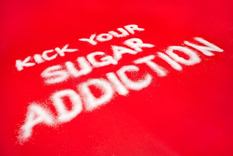 Concetto di dipendenza dello zucchero su fondo rosso
