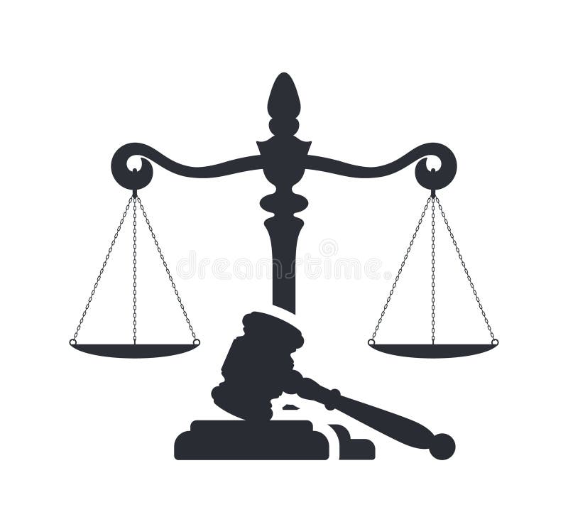 Concetto di diritto e di giustizia Il martelletto del giudice e le scale della giustizia Siluetta vettoriale Bilancia e martellet