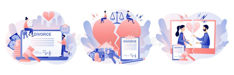 Concetto di divorzio La rottura delle relazioni tra le persone piccole Cuore spezzato Marito e moglie firmano l'accordo di divorz