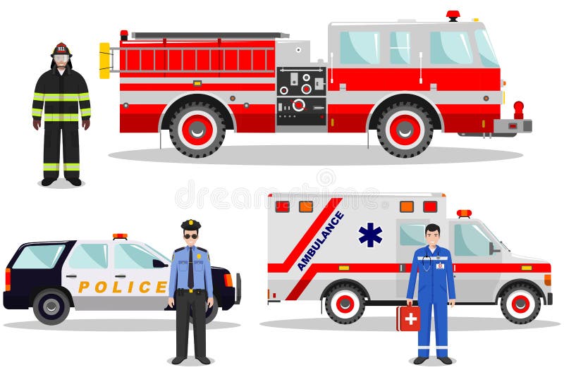concetto di emergenza Illustrazione dettagliata del pompiere, di medico, del poliziotto con il camion dei vigili del fuoco, dell'