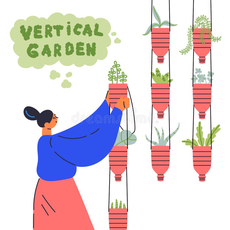 Concetto di giardino verticale La donna coltiva piante illustrazione vettoriale