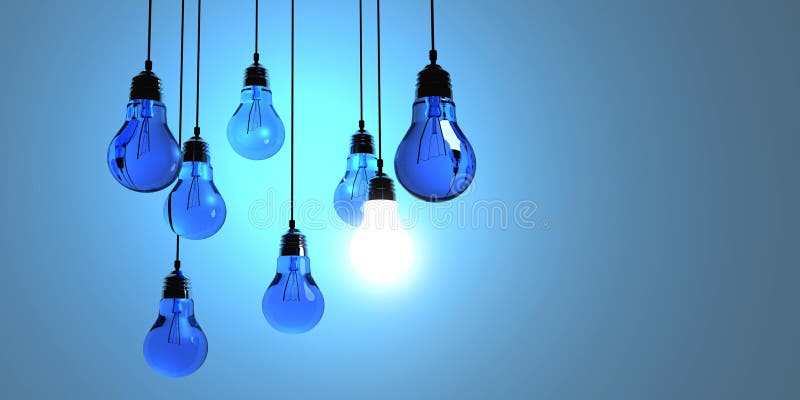 Idea concept, Hanging light bulbs with glowing one isolated on dark blue background . 3d rendering. Idea concept, Hanging light bulbs with glowing one isolated on dark blue background . 3d rendering