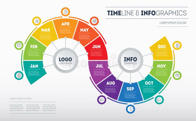 Concetto di infografica aziendale della timeline con fasi o processi tecnologici di 12 mesi. modello di presentazione. linea tempo illustrazione di stock