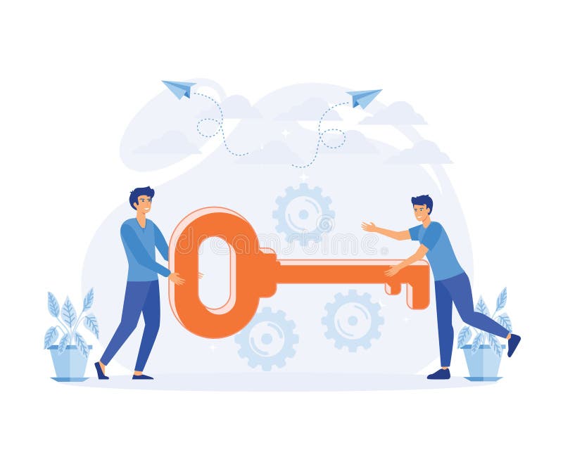 Concetto di lavoro di squadra. imprenditore e imprenditore vanno alla porta con una chiave royalty illustrazione gratis