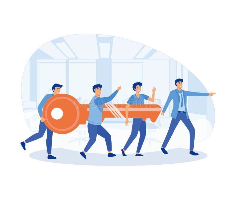 Concetto di lavoro di squadra. imprenditori e imprenditori entrano alla porta con la chiave. illustrazione vettoriale