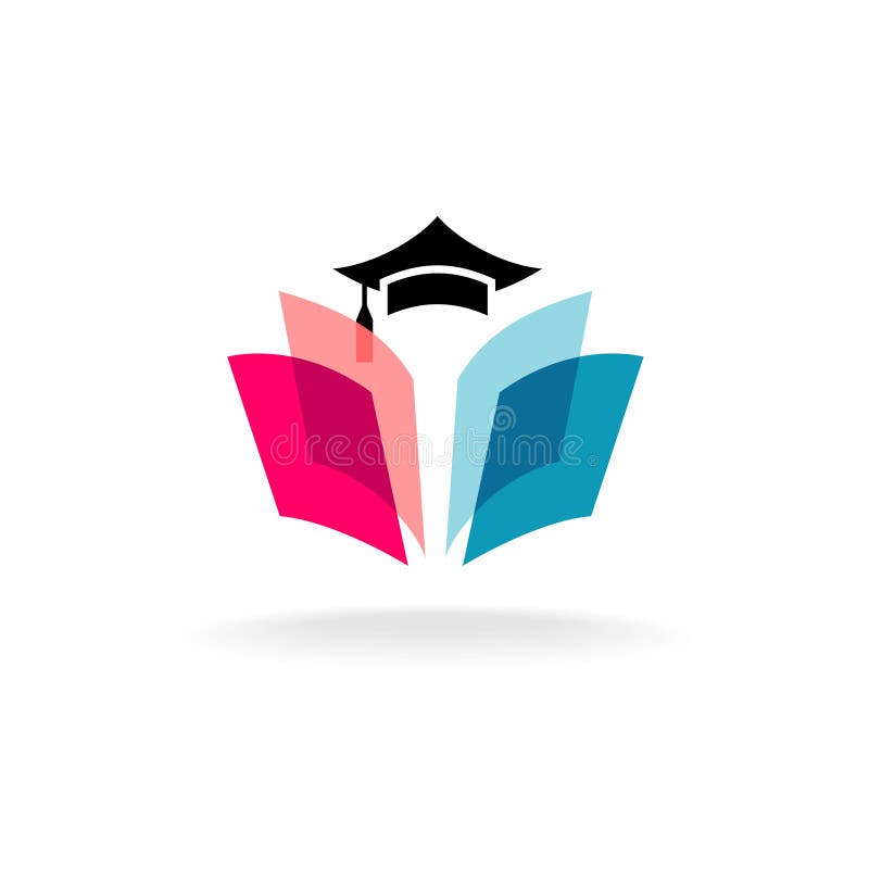 Concetto di logo di istruzione con le pagine del cappuccio e del libro aperto di graduazione illustrazione vettoriale