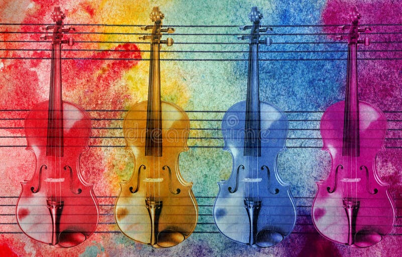 Concetto di melodia. vecchio foglio di musica con pittura colorata ad acquerello e violini. sfondo abstract color acquerello. colo