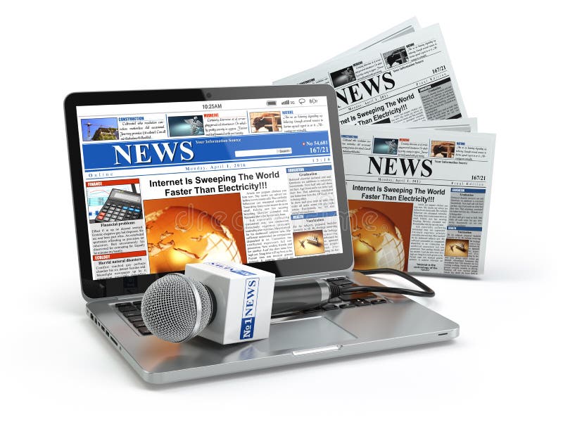Concetto di notizie Computer portatile con il microfono ed il giornale su w illustrazione vettoriale