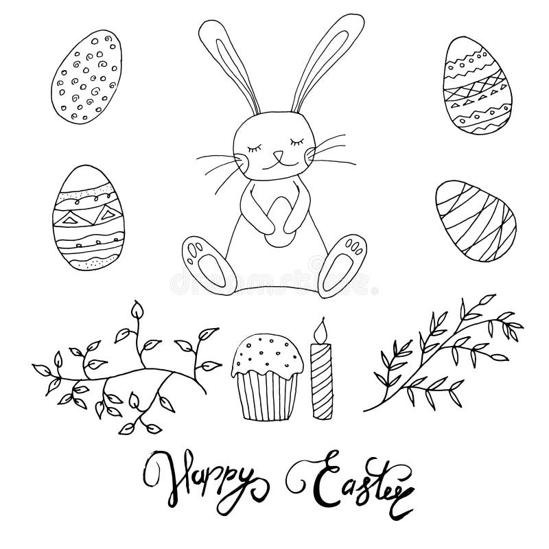 Concetto di Pasqua Coniglietto con le uova, il dolce, la candela e le foglie Il libro da colorare dei bambini di Pasqua illustrazione vettoriale Concetto di Pasqua Coniglietto con le uova, il dolce, la candela e le foglie Il libro da colorare dei bambini di Pasqua illustrazione vettoriale