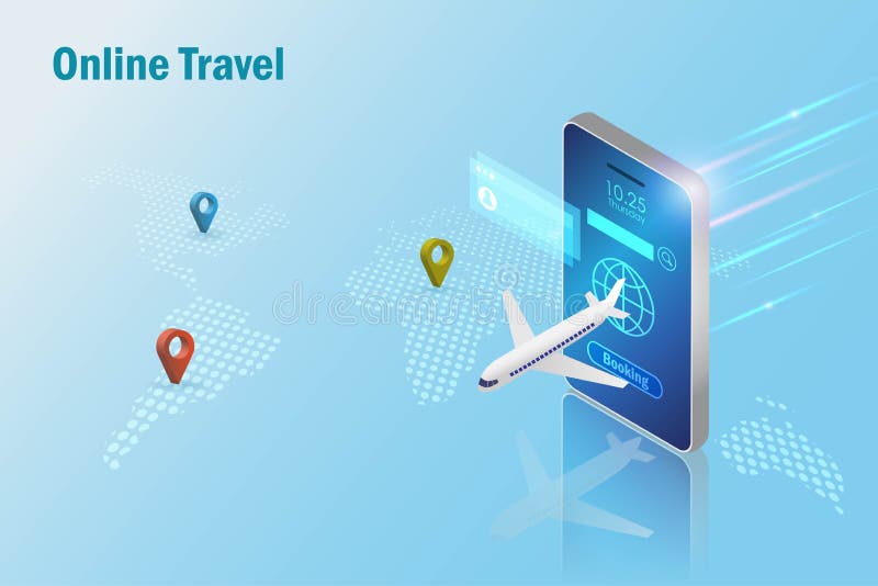 Concetto di prenotazione online per viaggi. aeroplano proveniente dall'app smartphone con puntino sulla mappa del mondo. biglietto