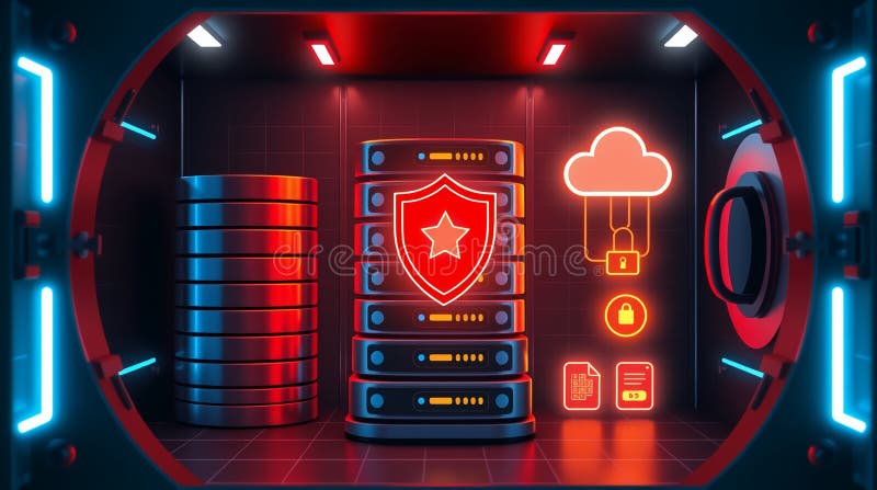 Concetto di protezione e protezione dati Cybersecurity con cloud di protezione rack server e icone di blocco illustrazione vettoriale