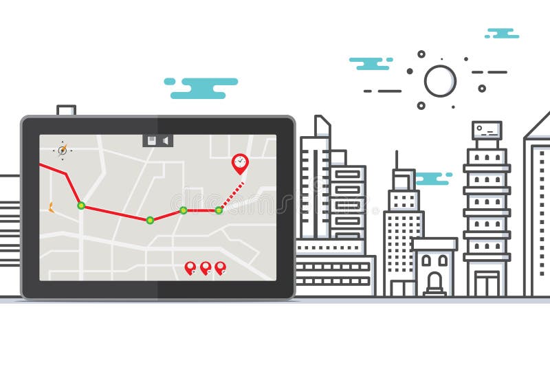 Concetto di ricerca della mappa di paesaggio urbano di vettore, compressa del computer di applicazione di viaggio di posizione de royalty illustrazione gratis Concetto di ricerca della mappa di paesaggio urbano di vettore, compressa del computer di applicazione di viaggio di posizione de royalty illustrazione gratis
