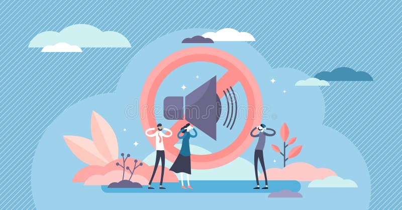 Stop noise sign concept, flat tiny person vector illustration. Sound symbol and people protesting. Loud urban environment and noisy neighbors social issues. Modern life problems and lack of the peace. Stop noise sign concept, flat tiny person vector illustration. Sound symbol and people protesting. Loud urban environment and noisy neighbors social issues. Modern life problems and lack of the peace.