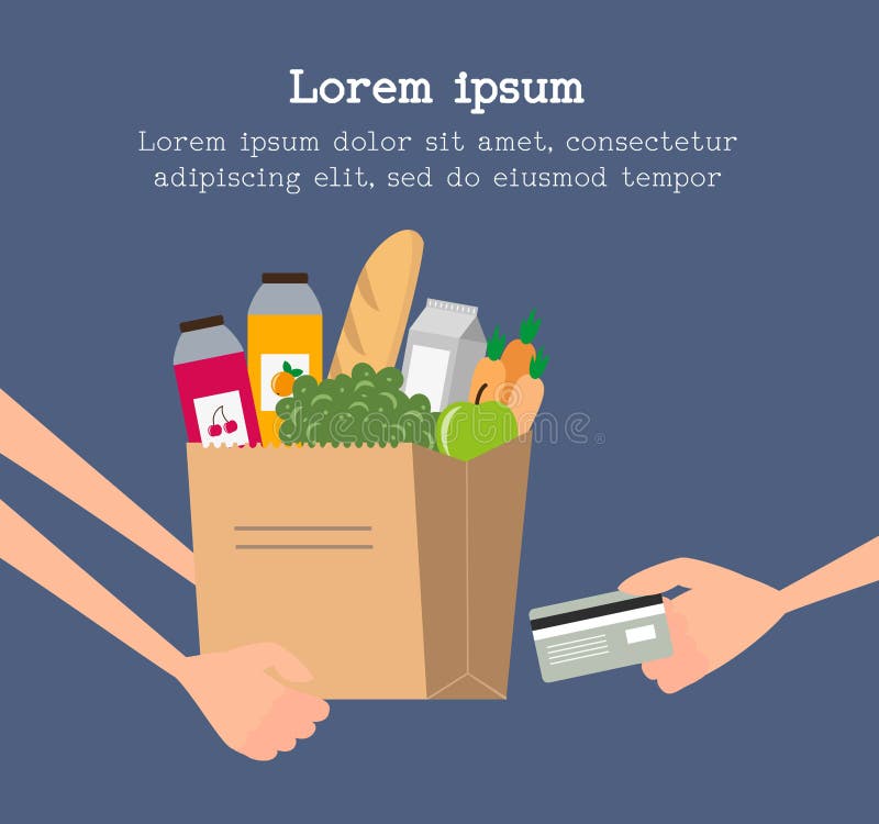Concetto di servizio di distribuzione della drogheria con il sacco di carta pieno di alimento royalty illustrazione gratis Concetto di servizio di distribuzione della drogheria con il sacco di carta pieno di alimento royalty illustrazione gratis