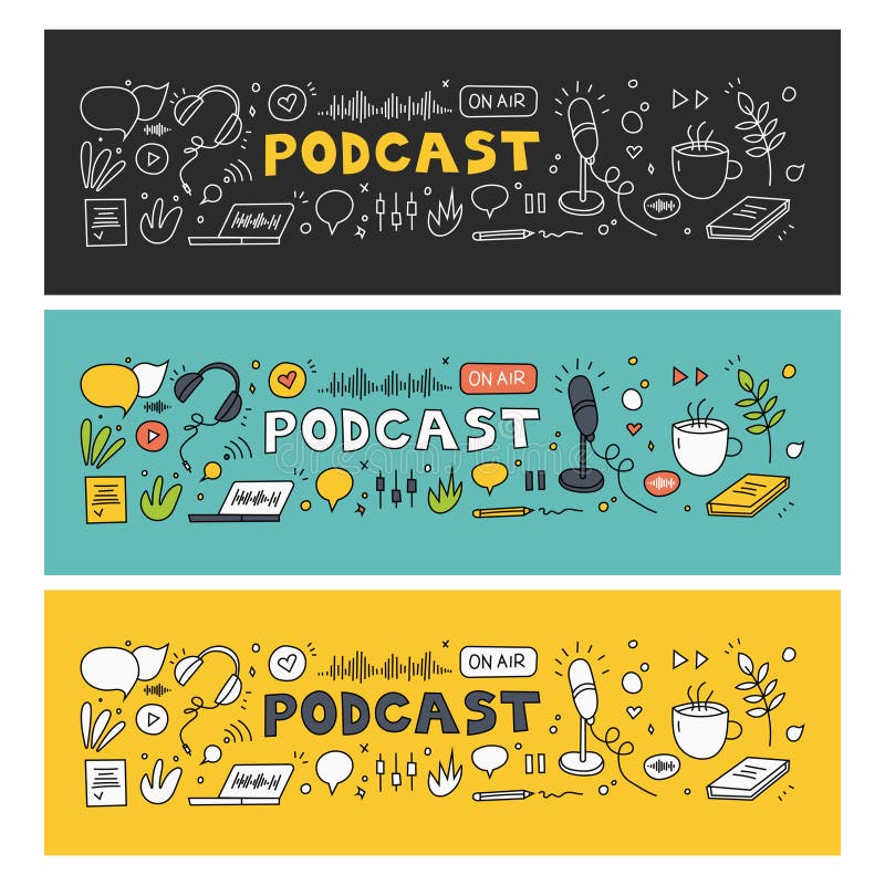 Concetto di servizio di streaming audio e video in rete. cuffie, microfono portatile illustrazione vettoriale