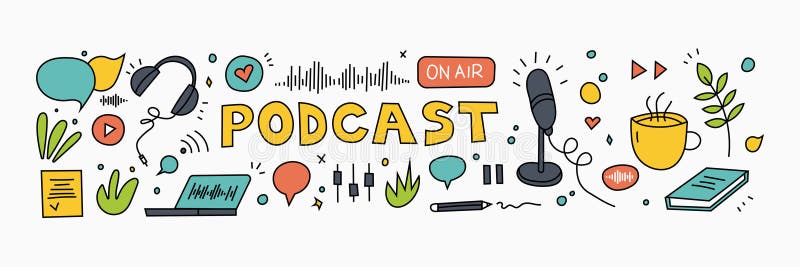 Concetto di servizio di streaming audio e video in rete. cuffie, microfono portatile illustrazione vettoriale