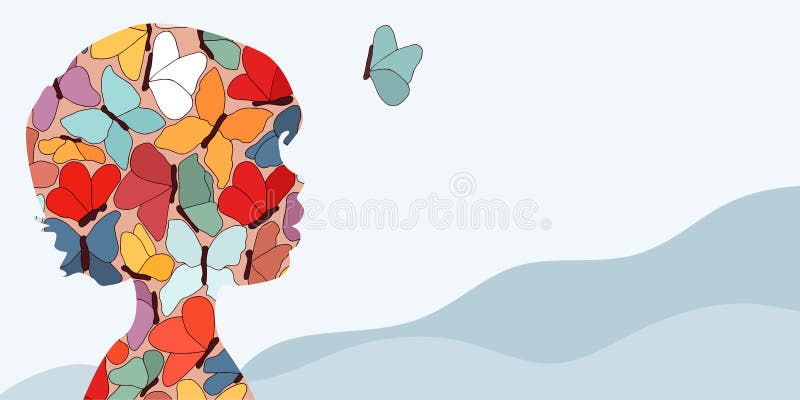 Illustration representing the concept of autism with butterfly jigsaws forming a babyâ€™s head silhouette. Illustration representing the concept of autism with butterfly jigsaws forming a babyâ€™s head silhouette